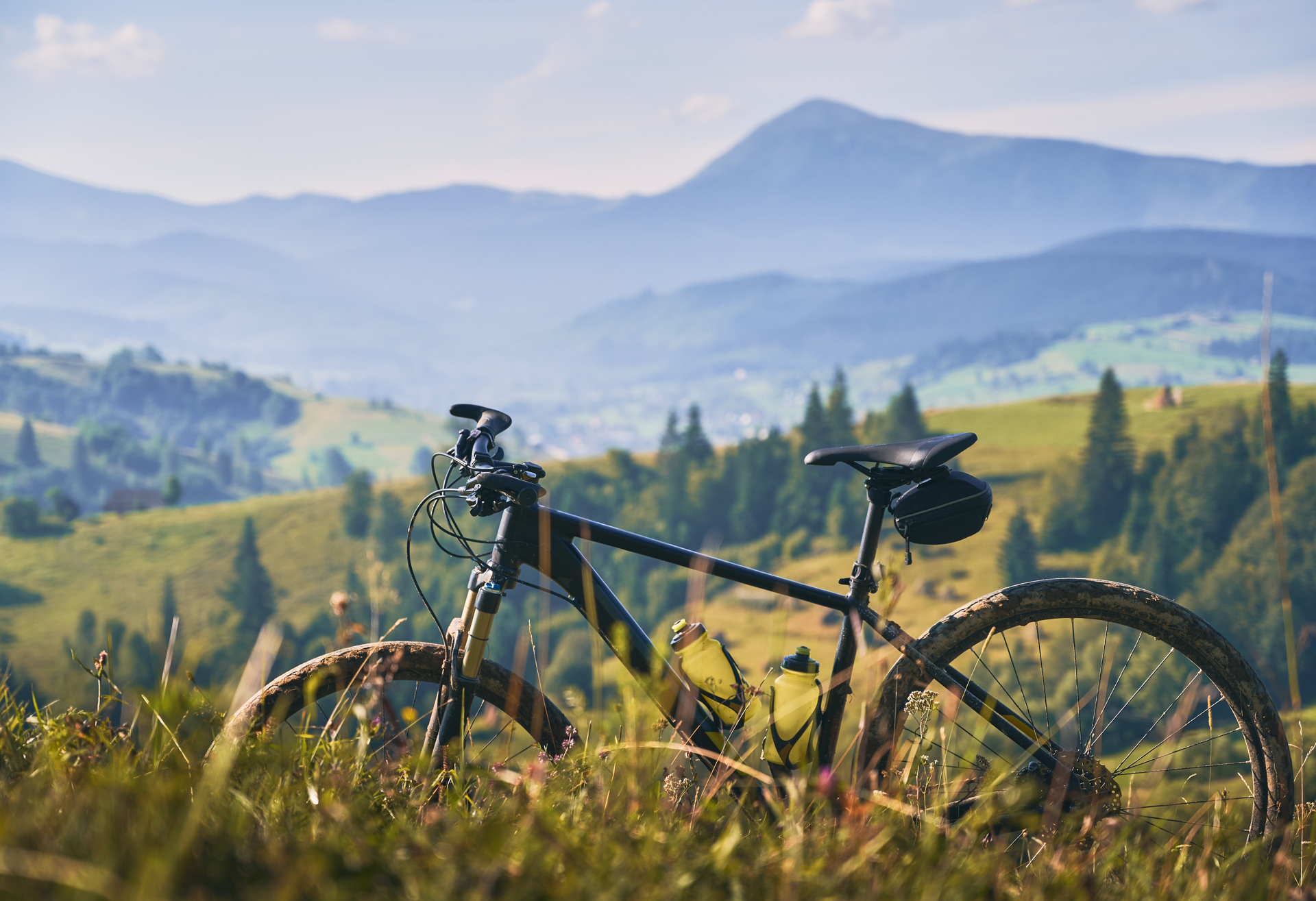 a bicycle in a grassy field